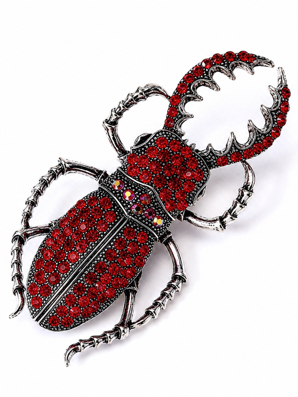 Red Rhinestone Stag Beetle Brooch – Jeweled Crystal Insect Statement Pin